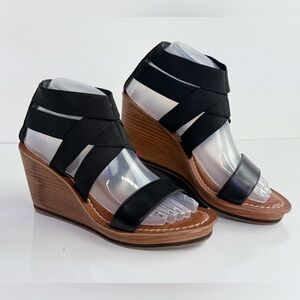 BERNARDO Black elastic strap sandals with wood wedge heel size 8